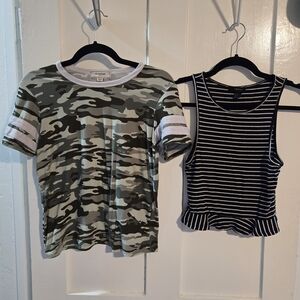 No Comments Green Camo Tee & Forever 21 Ruffled Striped Tank Small Y2K‎ Trendy.